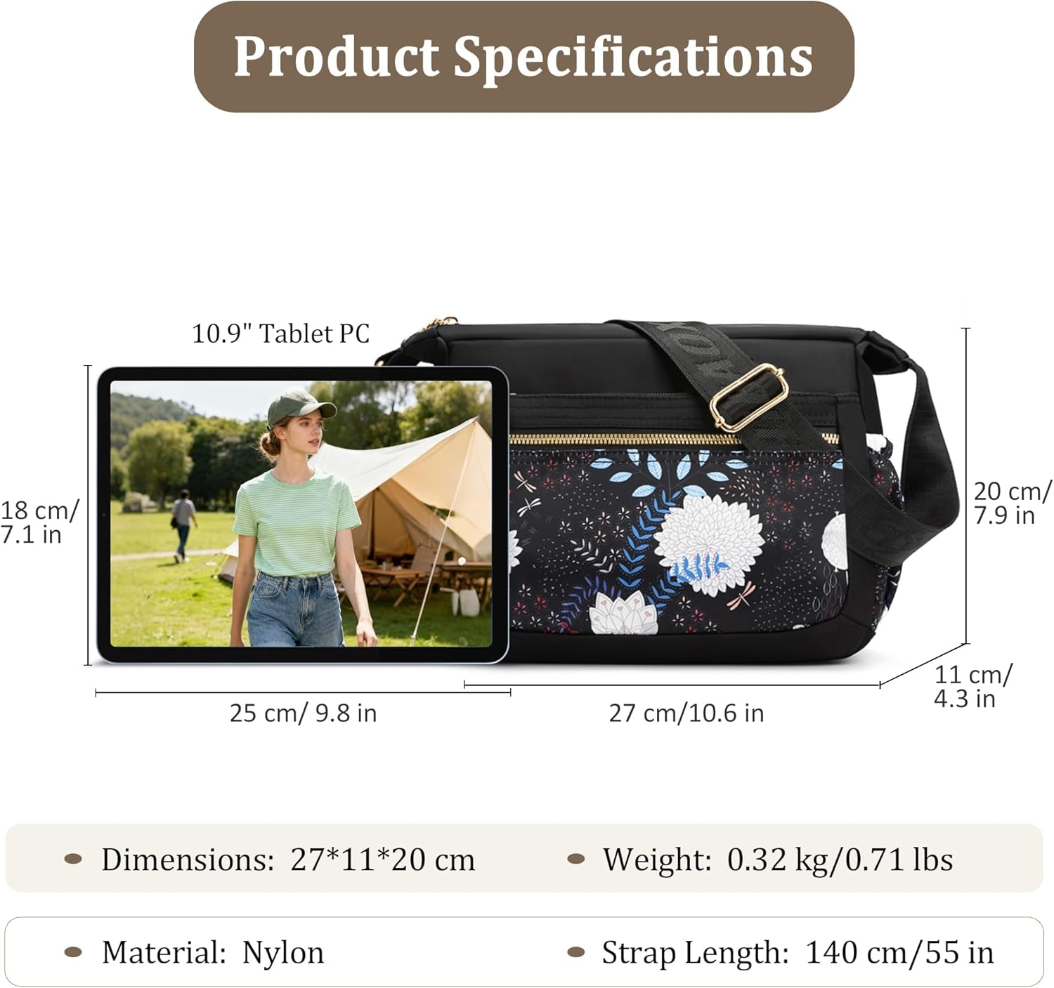 Shoulder Bag Women Large Colourful Crossbody Handbag Ladies Lightweight Nylon Messenger Bag Multiple Pockets Flower C