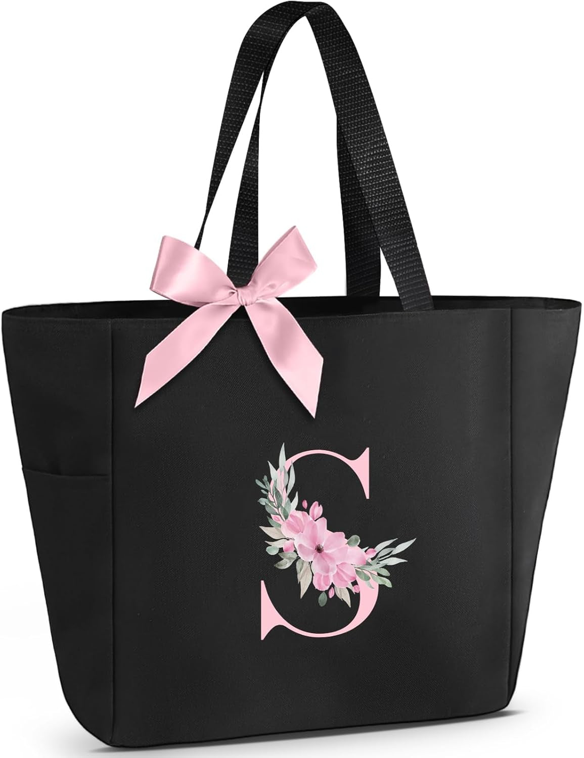 A-Z Initial Personalized Tote Bag, Waterproof Gifts for Women, Bridesmaids, Mom, Teachers, Friends (01-Black, S)