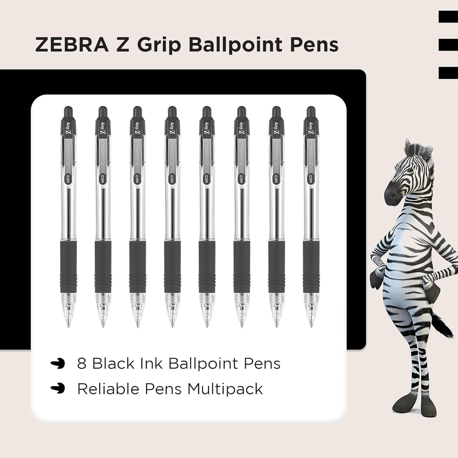 Z Grip Black Ballpoint Pens with Pocket Clip 8Pk, Retractable Black Ink Ballpoint Pens, Reliable Black Biro Pens Multipack for Everyday Use Design, New Pack Size 8Pk