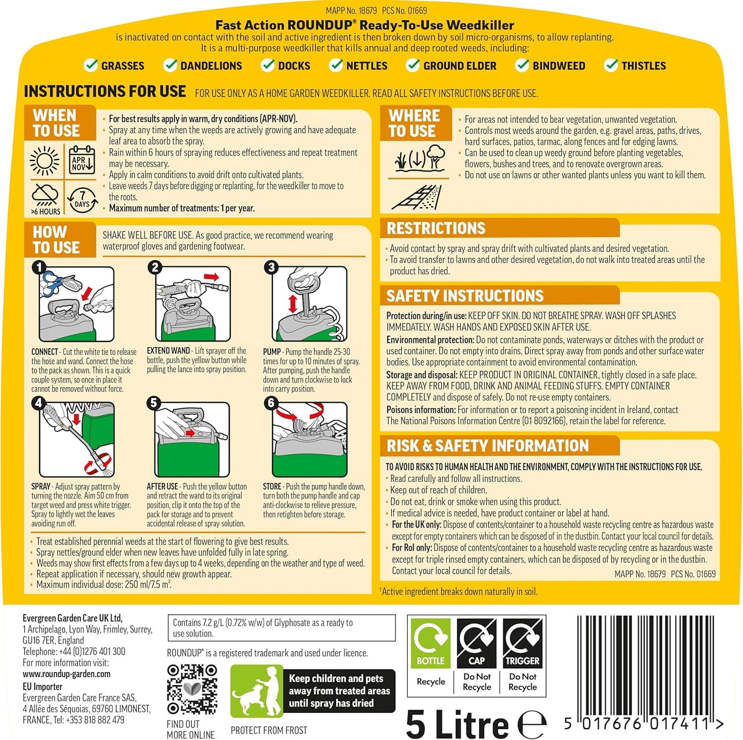 Fast Action Weedkiller Pump 'N Go Spray – 5L Ready-To-Use Glyphosate Formula – Kills Weeds & Roots with Visible Results in 1-2 Days – Refillable Pressure Sprayer with Extendable Lance