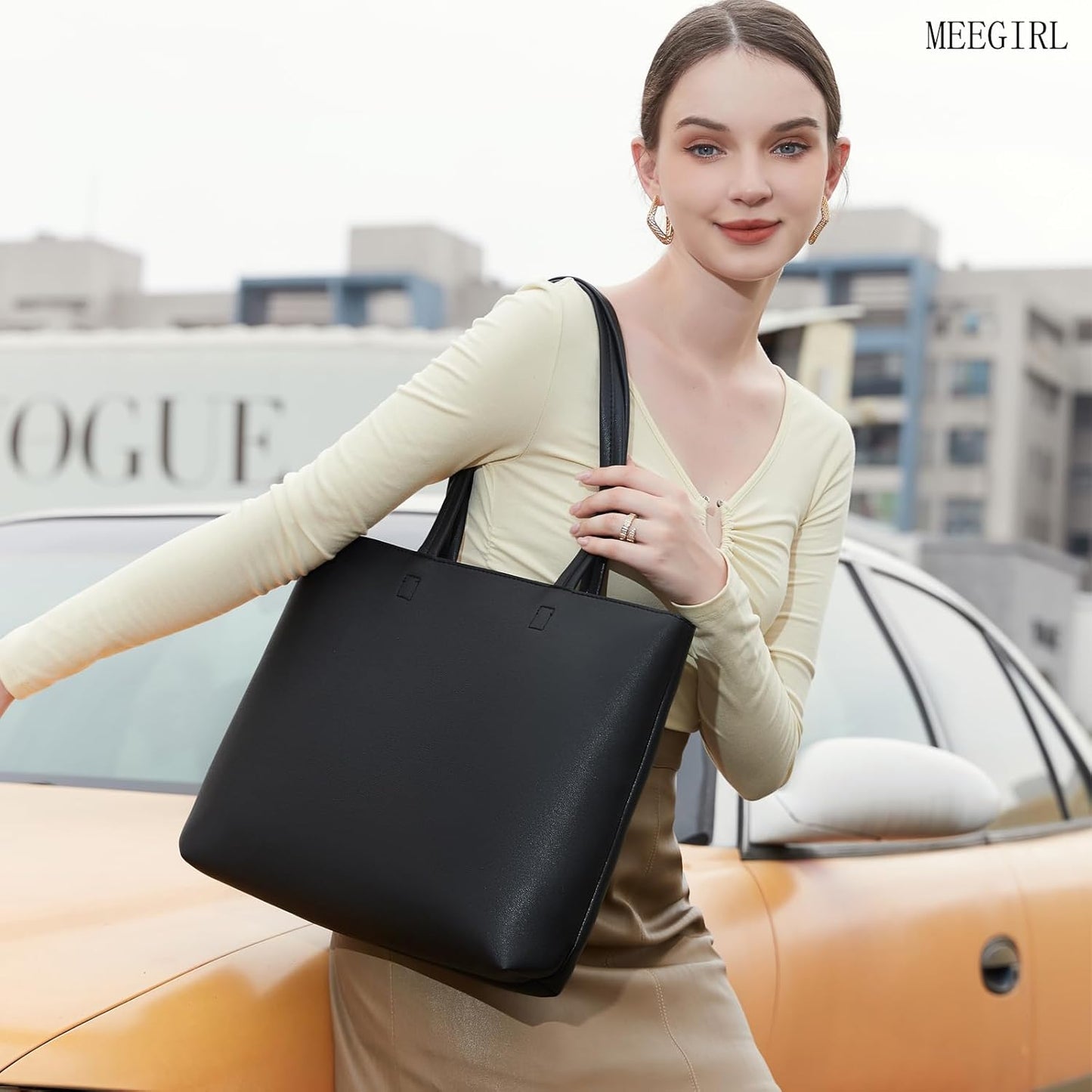 Ladies Tote Bags Simple PU Leather Handbags Work School Shopping Bags for Women with Zip and Inner Pocket