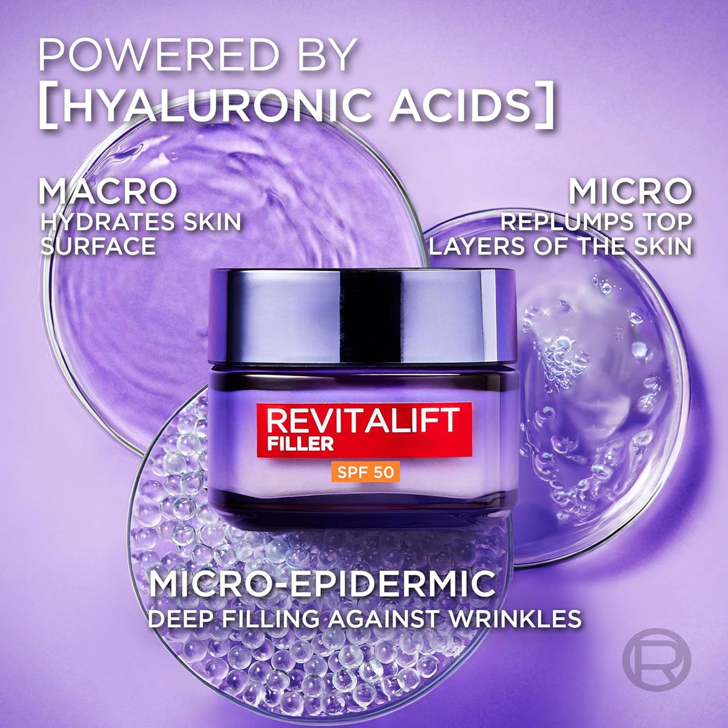L’Oréal Paris SPF50 Cream Revitalift Filler Deep Replumping Anti-Ageing, UV Protection, Moisturising, Intensely Hydrates and Smooth Wrinkles with Macro, Micro and Micro-Epidermic Hyaluronic Acid, 50Ml