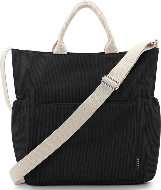 Corduroy Tote Bag for Women with Zipper, Large Capacity Shoulder Bags with Adjustable Strap and Pockets Waterproof Handbag for Work School Shopping Travel College