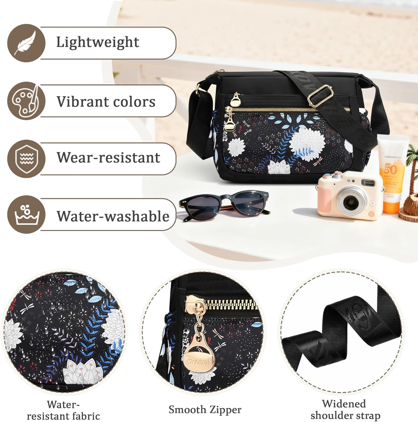 Shoulder Bag Women Large Colourful Crossbody Handbag Ladies Lightweight Nylon Messenger Bag Multiple Pockets Flower C