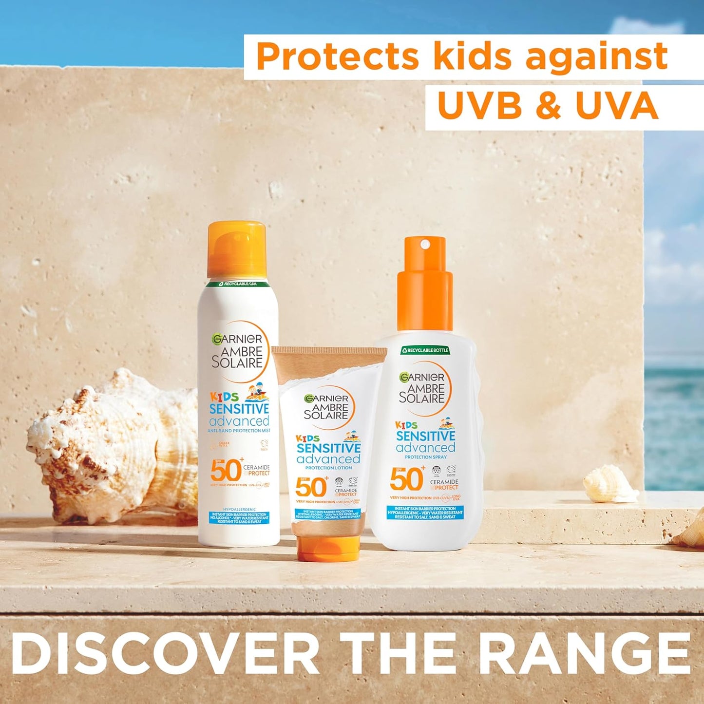 Ambre Solaire Sun Cream SPF 50+ Sensitive Advanced Kids Anti-Sand Sun Protection Mist Spray, Very High Protection UVA & UVB, Water Resistant, for Face & Body, Cruelty Free 150Ml