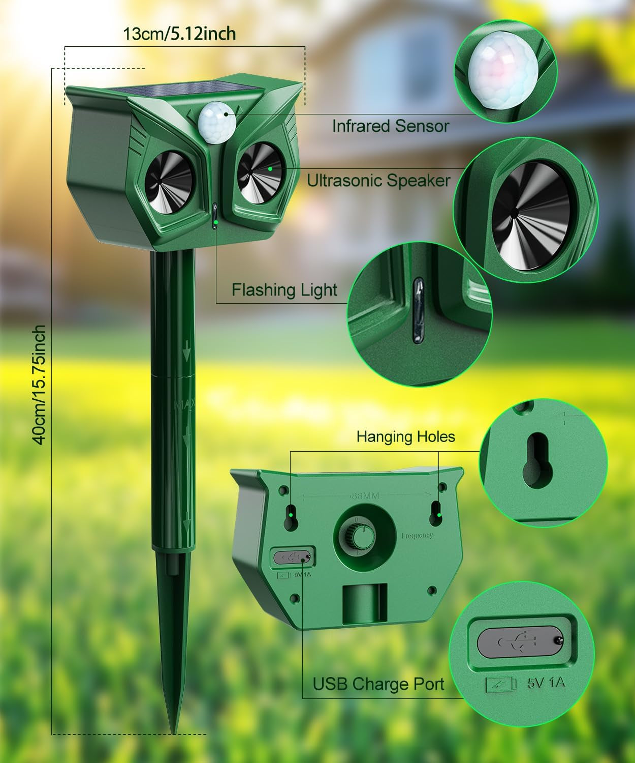 Cat Repellent for Gardens UK, Ultrasonic Cat Scarer Solar Powered & USB Charged with PIR Motion Sensor, LED Flash, Waterproof, 5 Frequency Modes, Deterrent for Cats Dogs Birds Foxes Squirrels