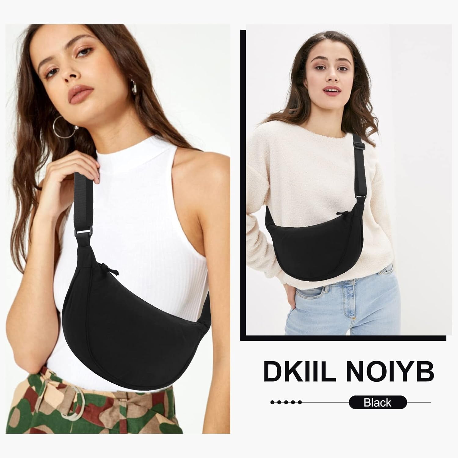 Women'S Nylon Crescent Bag - Hobos Crossbody Shoulder Bag with Adjustable Strap - Solid Color Chest Fanny Pack