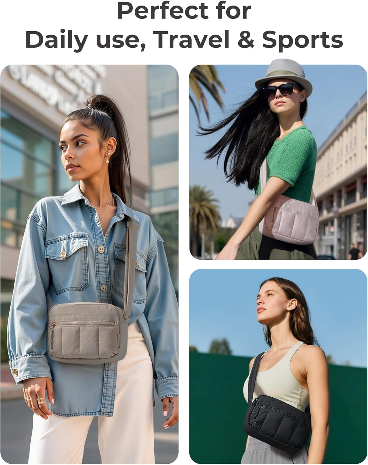Crossbody Bag for Women Trave Crossbody Purse Puffy Quilted Shoulder Handbag with RFID Blocking Slots for Daily Use, Hiking, Shopping