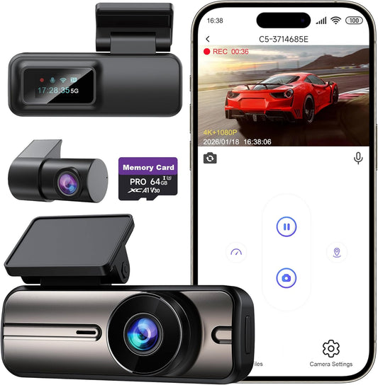 Dash Cam Front and Rear 4K+1080P, 5Ghz Wifi, Dual Dashcam with 64GB Card, App Control, G-Sensor Emergency Recording, Loop Recording, 24H Parking Mode Supports, Dash Camera for Cars