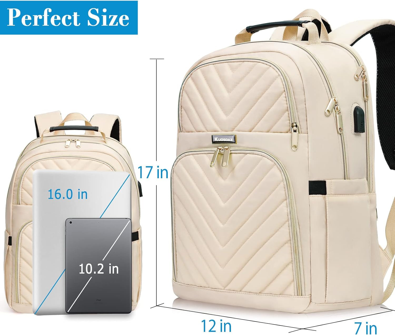 Women'S Backpack, 15.6 Inch School Backpack for Girls, Teenagers with Charging Port, Laptop Backpack, Stylish Daypack, Waterproof for School, University, Travel, Work, 30 L, Beige