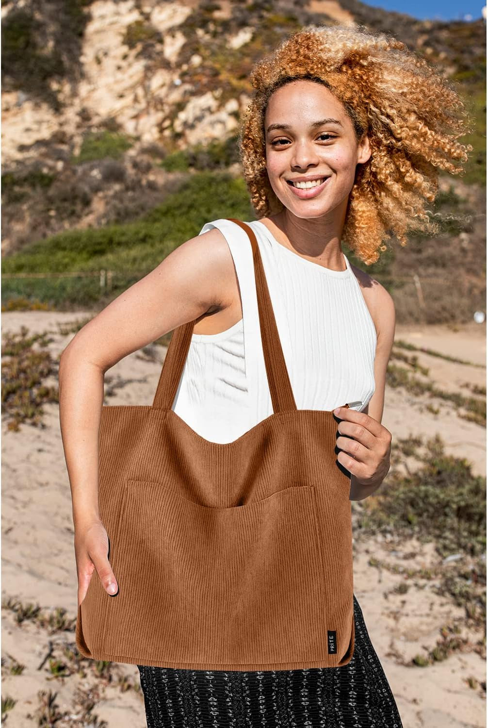 Corduroy Tote Bag for Women Large Shoulder Bag with Zipper and Pockets for College School Work Travel Shopping (Brown 2)