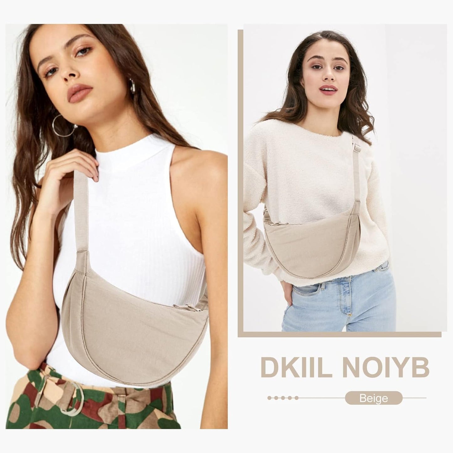 Crescent Bag for Women Men, Nylon Crescent Bags Hobos Crossbody Bag Portable Crescent Purse with Adjustable Strap Solid Color Chest Bag Shoulder Bag Fanny Packs, A02-Beige, 31Cm