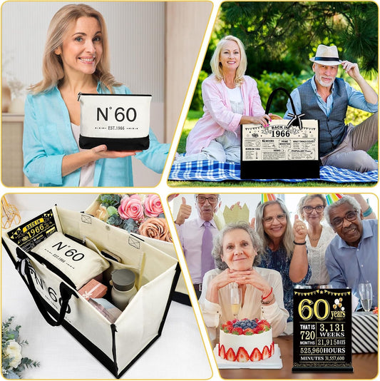 60Th Birthday Gifts for Women Canvas Tote Bag Travel Gear, Unique 60 Years Old Birthday Gifts for Her Mum Wife Aunt Friends, Vintage N60 Handbag & Cosmetic Bag & Back in 1966 Poster