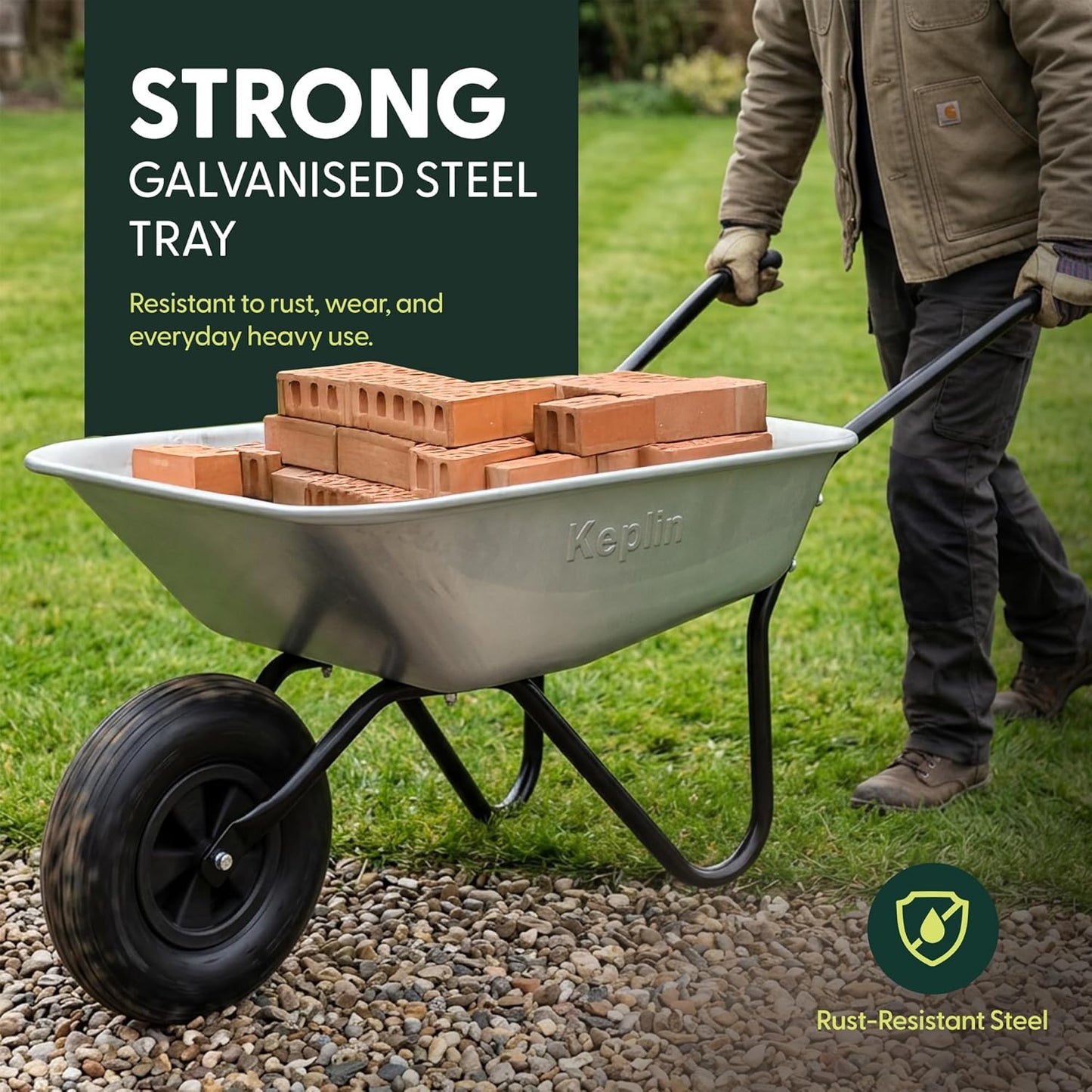 65L Garden Wheelbarrow with Pneumatic Tyre – Single Wheel Steel Garden Barrow Supports 100Kg Load Capacity, Heavy Duty Wheelbarrow for Soil, Compost, Tools & Outdoor Gardening Tasks