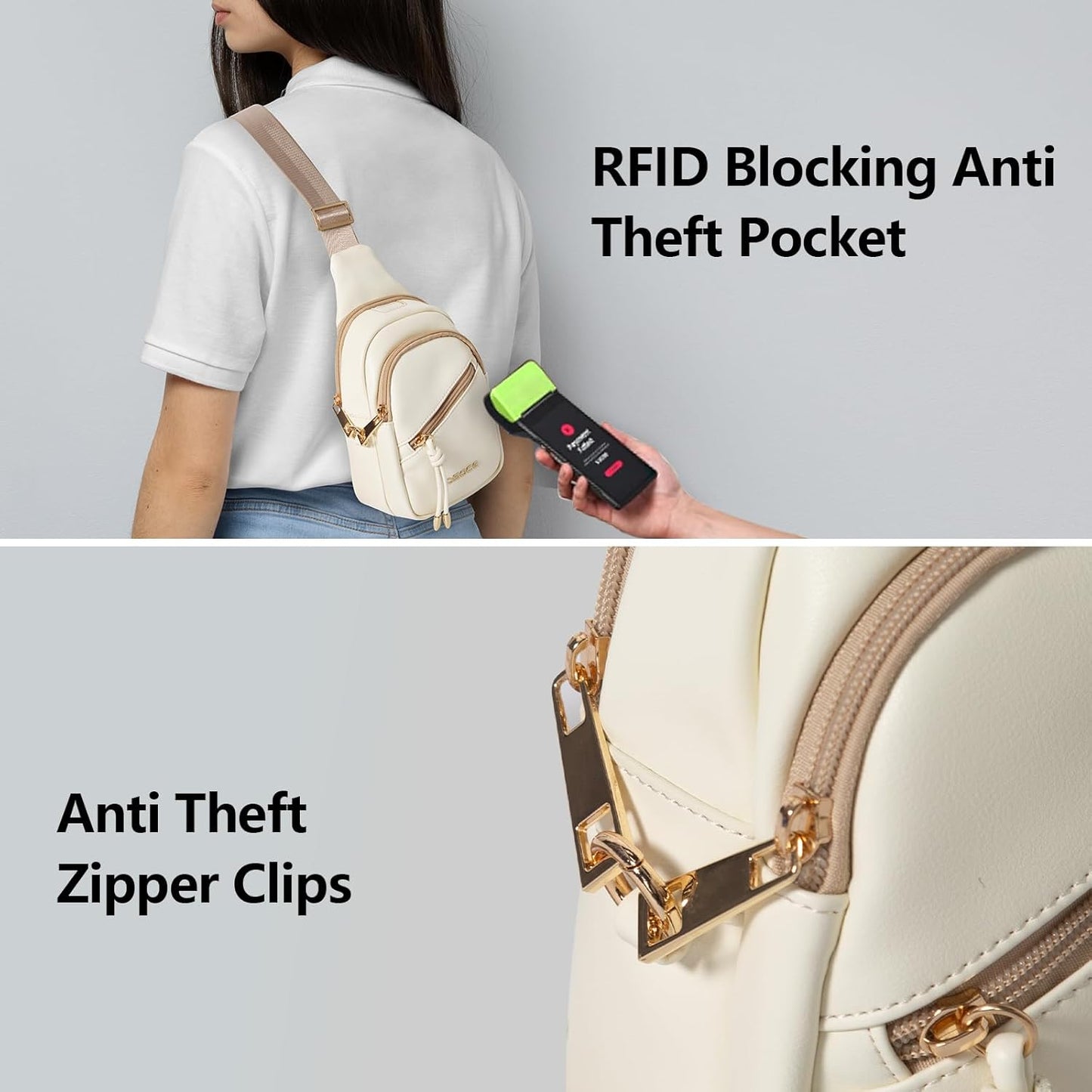 Crossbody Bag with Anti-Theft Crossbody Bag Women Rfld Pocket, Small Shoulder Bag with Anti-Theft Zipper Clips, Adjustable Strap, Perfect for Shopping and Travel（White）