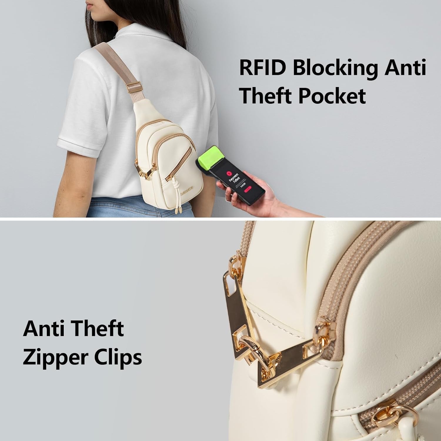 Crossbody Bag with Anti-Theft Crossbody Bag Women Rfld Pocket, Small Shoulder Bag with Anti-Theft Zipper Clips, Adjustable Strap, Perfect for Shopping and Travel（White）