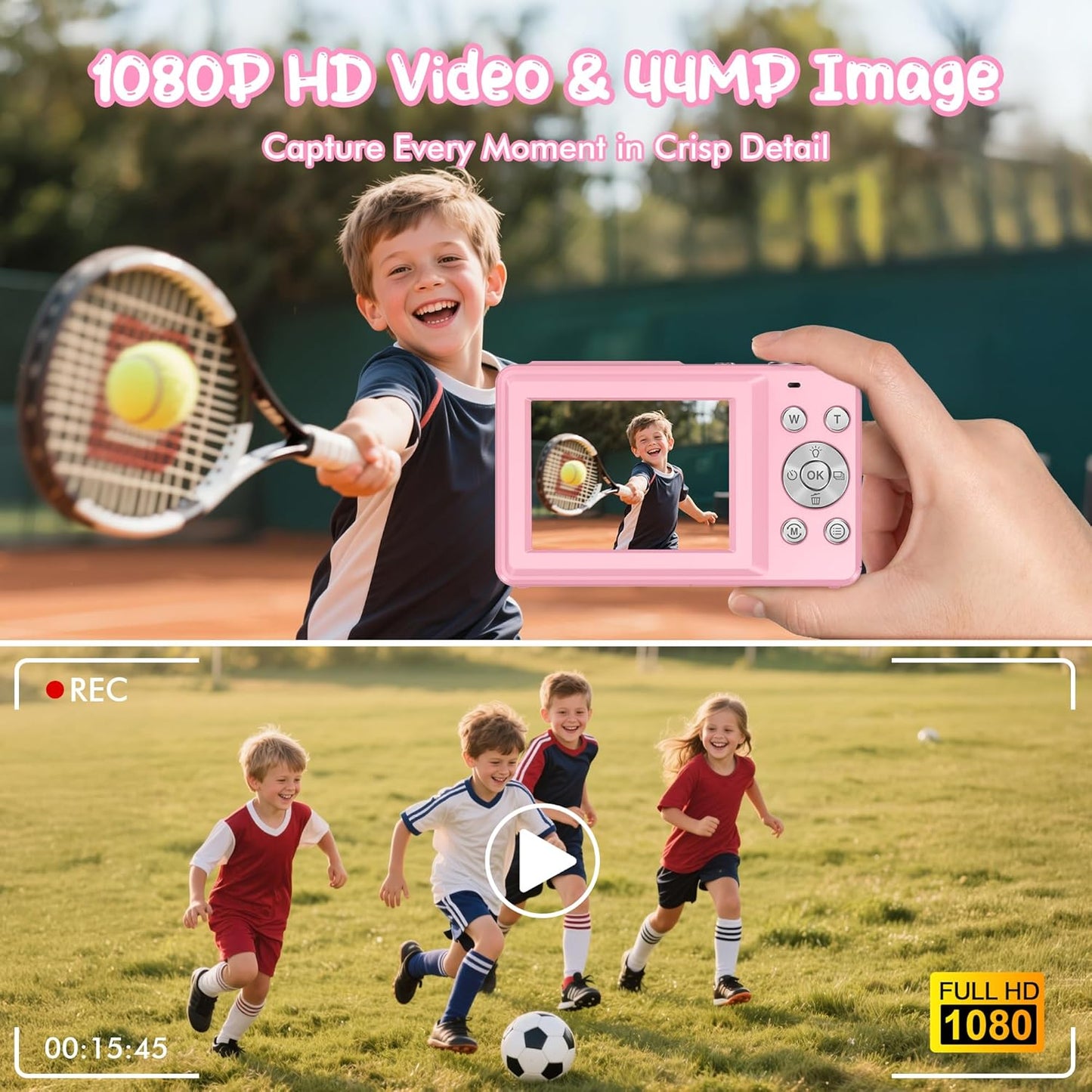 Digital Camera 1080P 44MP Vlogging Camera for Kids Teens, FHD Compact Portable Photo Camera with 2.4" Screen 16X Zoom, Anti-Shake Mini Camera for Beginners Students Boys Girls-Pink（No SD Card)