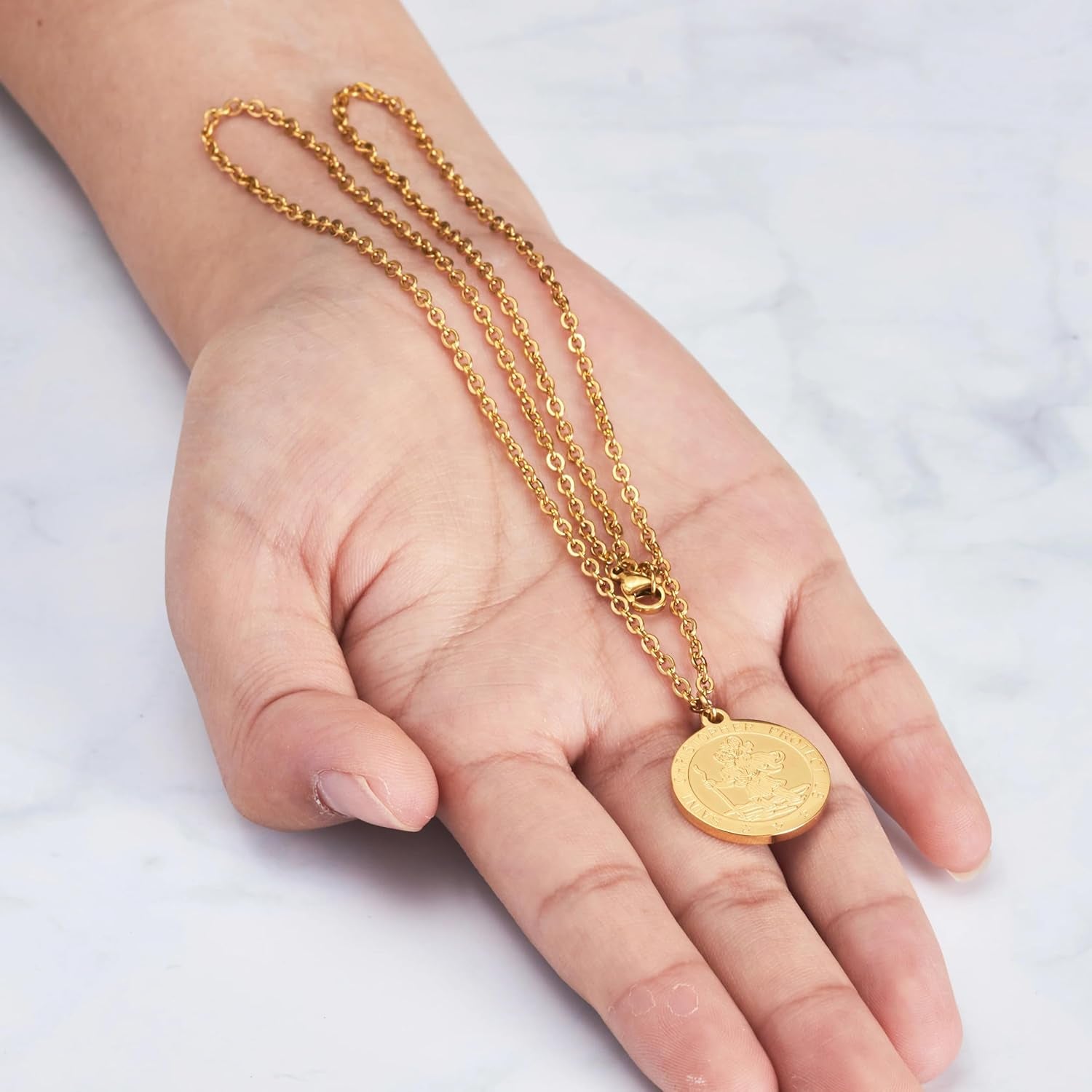 Men'S 18K Gold Plated Stainless Steel St Christopher Necklace
