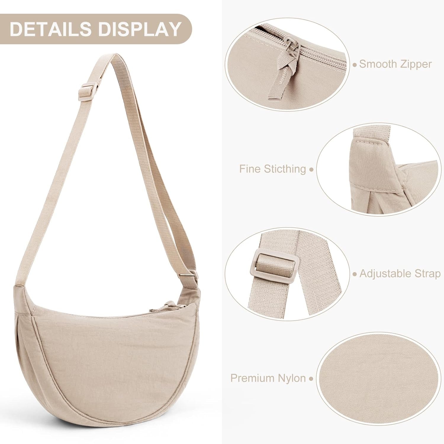 Crescent Bag for Women Men, Nylon Crescent Bags Hobos Crossbody Bag Portable Crescent Purse with Adjustable Strap Solid Color Chest Bag Shoulder Bag Fanny Packs, A02-Beige, 31Cm