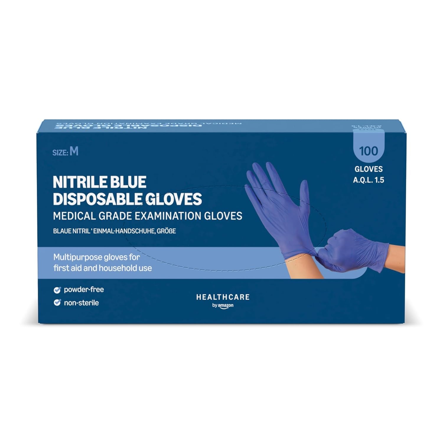 Blue Disposable Nitrile Gloves, Powder-Free, Size M, Pack of 100