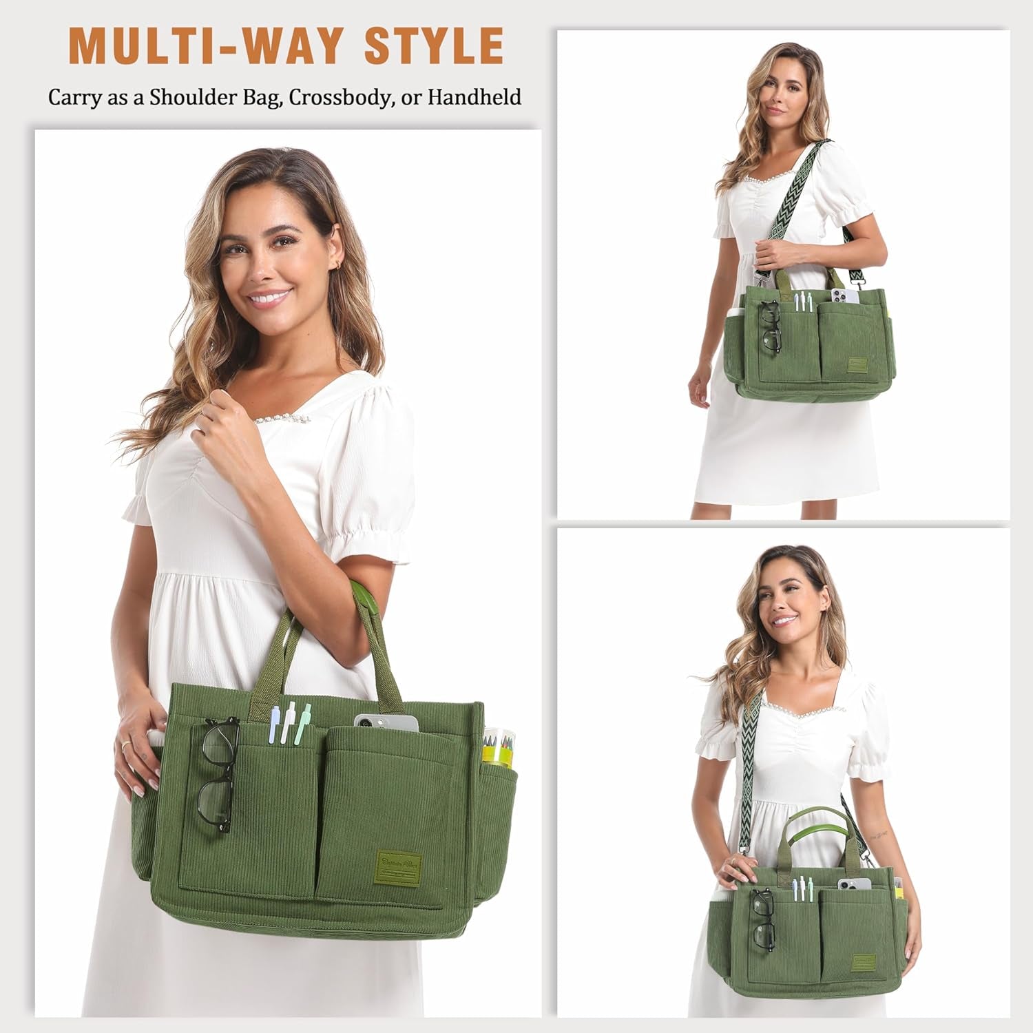 Corduroy Tote Bags for Women with Zipper, Large Capacity Work Bags Shoulder for School, Travel, College, Teacher with Adjustable Strap & Pockets
