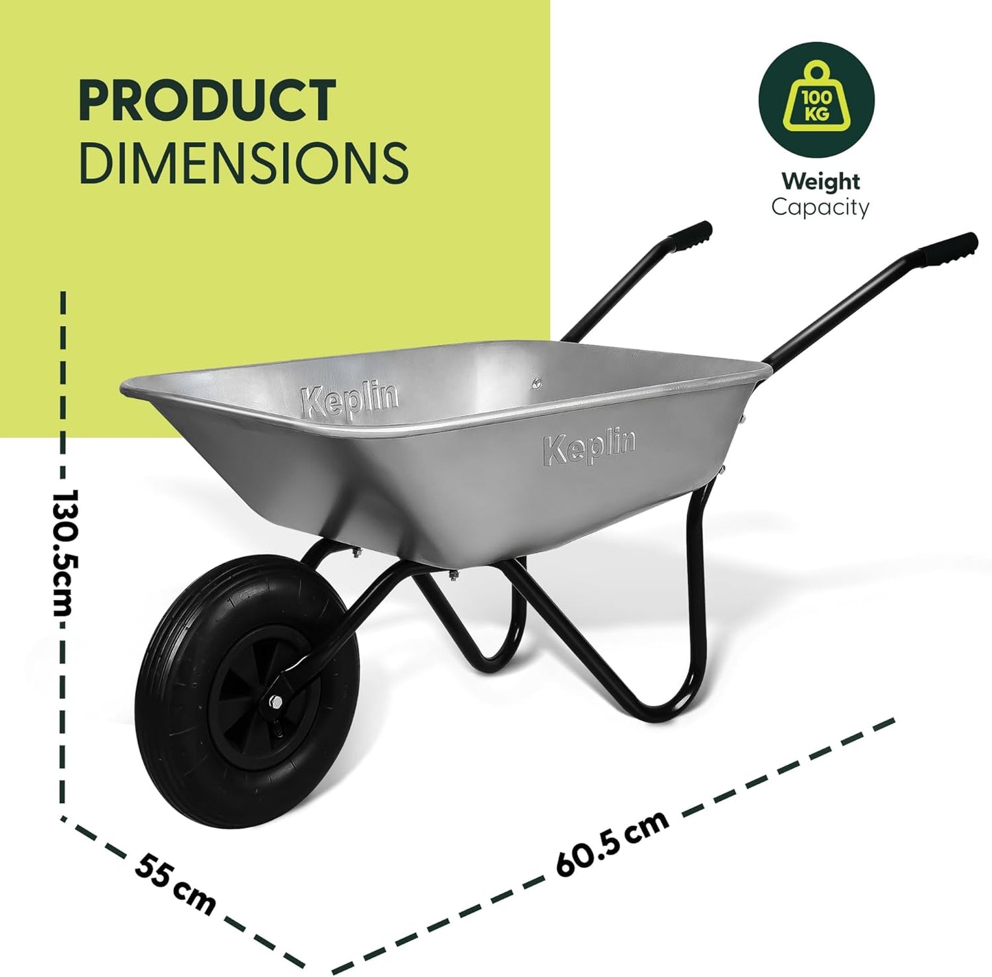 65L Garden Wheelbarrow with Pneumatic Tyre – Single Wheel Steel Garden Barrow Supports 100Kg Load Capacity, Heavy Duty Wheelbarrow for Soil, Compost, Tools & Outdoor Gardening Tasks