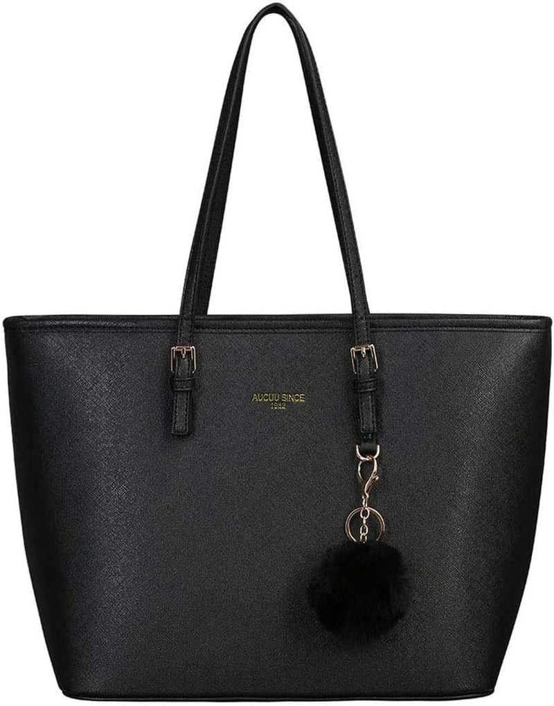 Women Handbag Tote Bag, 15.6 Inch PU Leather Shoulder Bag Laptop Bags with Adjustable Handle, Lightweight Stylish Designer Large Black Handbags for School Work Travel