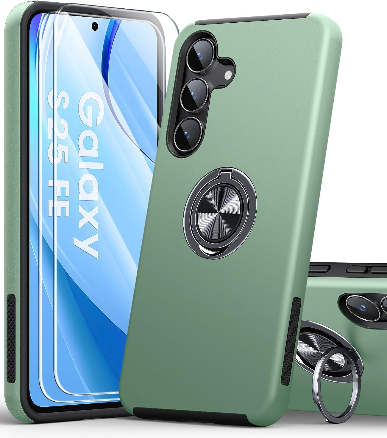 for Samsung Galaxy S25 FE Case with 2-Pack Screen Protector, 3-In-1 Set Cover, 360°Rotating Ring Stand, Military Protection, Shockproof Phone Case for Samsung S25 FE, Green