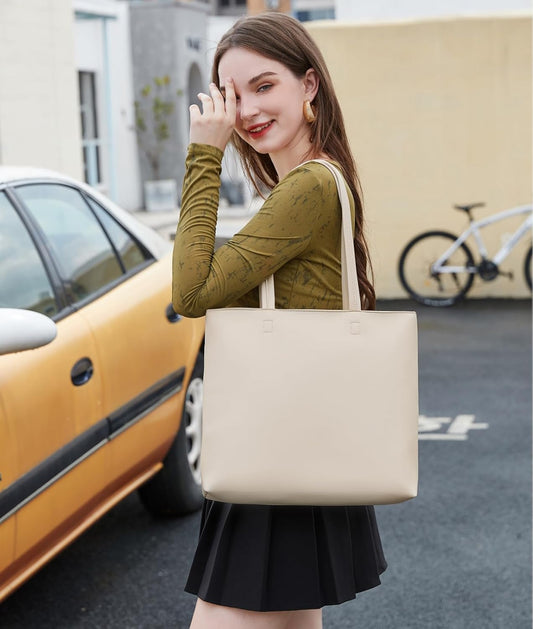 Ladies Tote Bags Simple PU Leather Handbags Work School Shopping Bags for Women with Zip and Inner Pocket