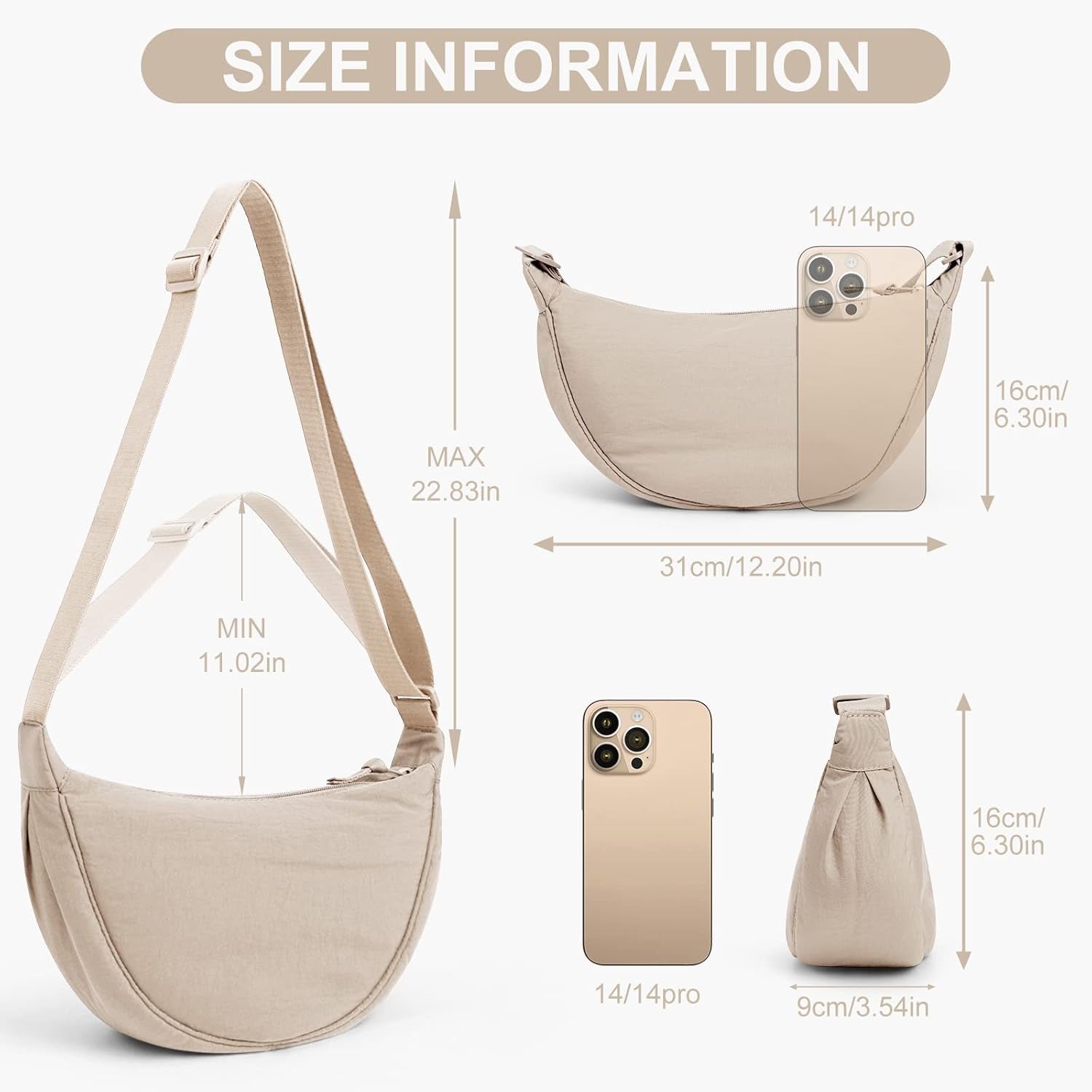 Crescent Bag for Women Men, Nylon Crescent Bags Hobos Crossbody Bag Portable Crescent Purse with Adjustable Strap Solid Color Chest Bag Shoulder Bag Fanny Packs, A02-Beige, 31Cm