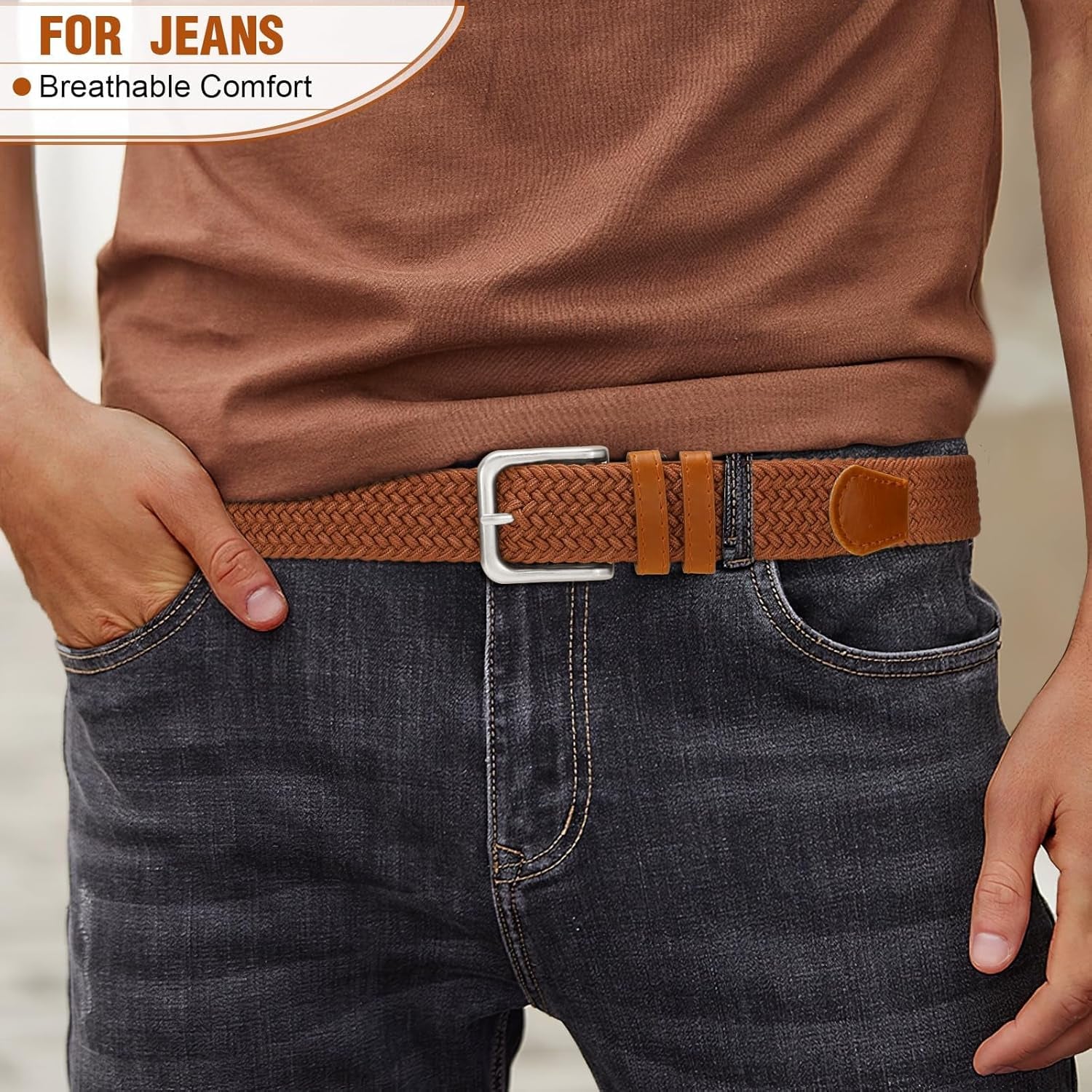 Mens Belt Elastic Belts for Men Stretch Braided Fabric Belts Casual Black Woven Golf Belt for Jeans