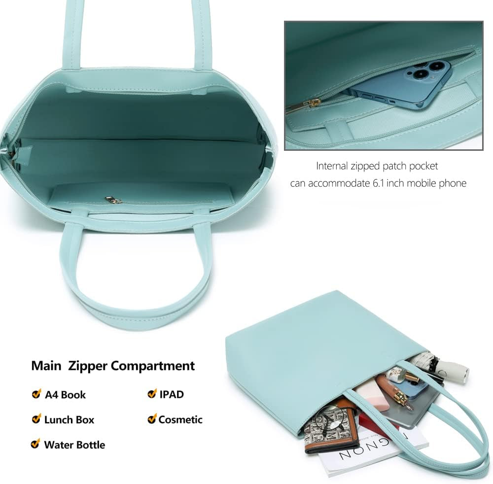 Ladies Tote Bags Simple PU Leather Handbags Work School Shopping Bags for Women with Zip and Inner Pocket
