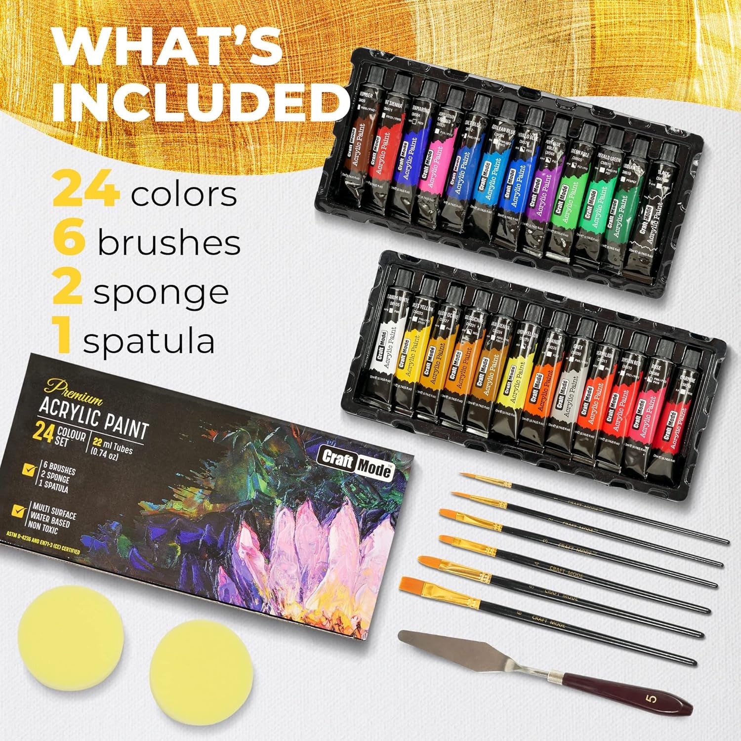Acrylic Paint Set 24 22Ml Perfect for Canvas, Wood, Ceramic, Rock, Fabric & Crafts. Non-Toxic, Quick Dry Vibrant Colours. Beginners, Students and Professionals