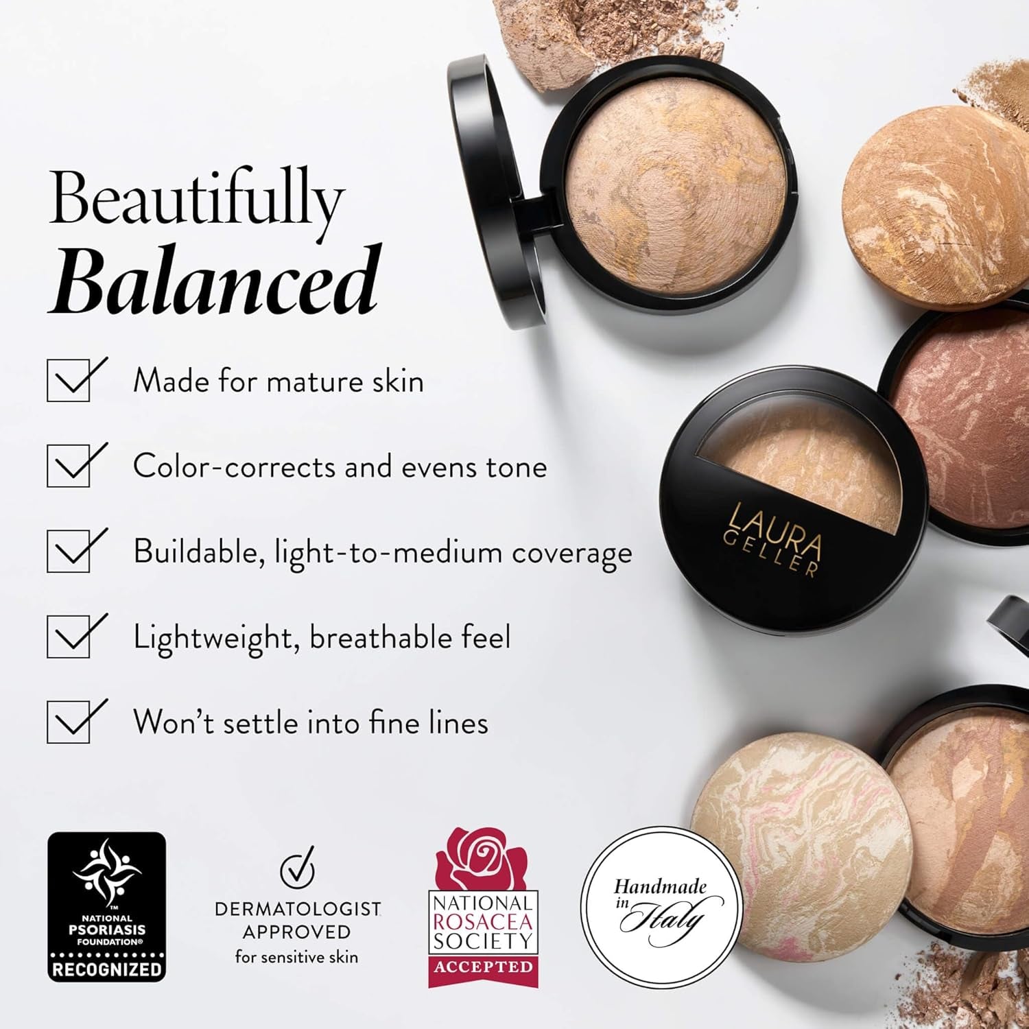LAURA GELLER Baked Balance-N-Brighten Colour Correcting Powder Foundation (Light) Buildable Light to Medium Coverage Baked Foundation, Demi-Matte Finish