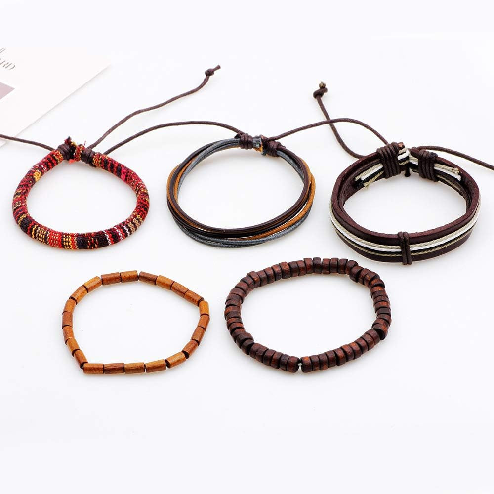 Unisex Mixed Bracelets Adjustable Handmade Multi Strand Braided Cowhide Bracelets Woven Leather Wristbands Wooden Beads Bracelet Wrist(1Set of 5 Pcs)