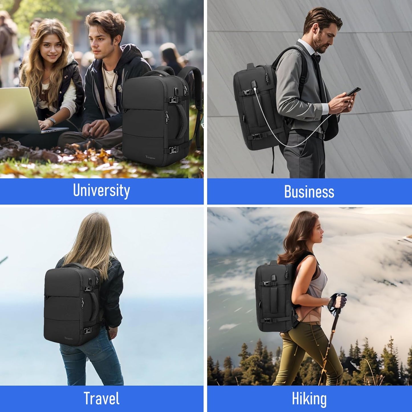 for New Ryanair Cabin Bags 40X30X20 Underseat, Travel Backpack Cabin Size, Rucksack for Plane Hand Luggage Backpack for Travelling, Ryan Air Cabin Bag 40X30X20 with Separate Shoe Pouch, Black