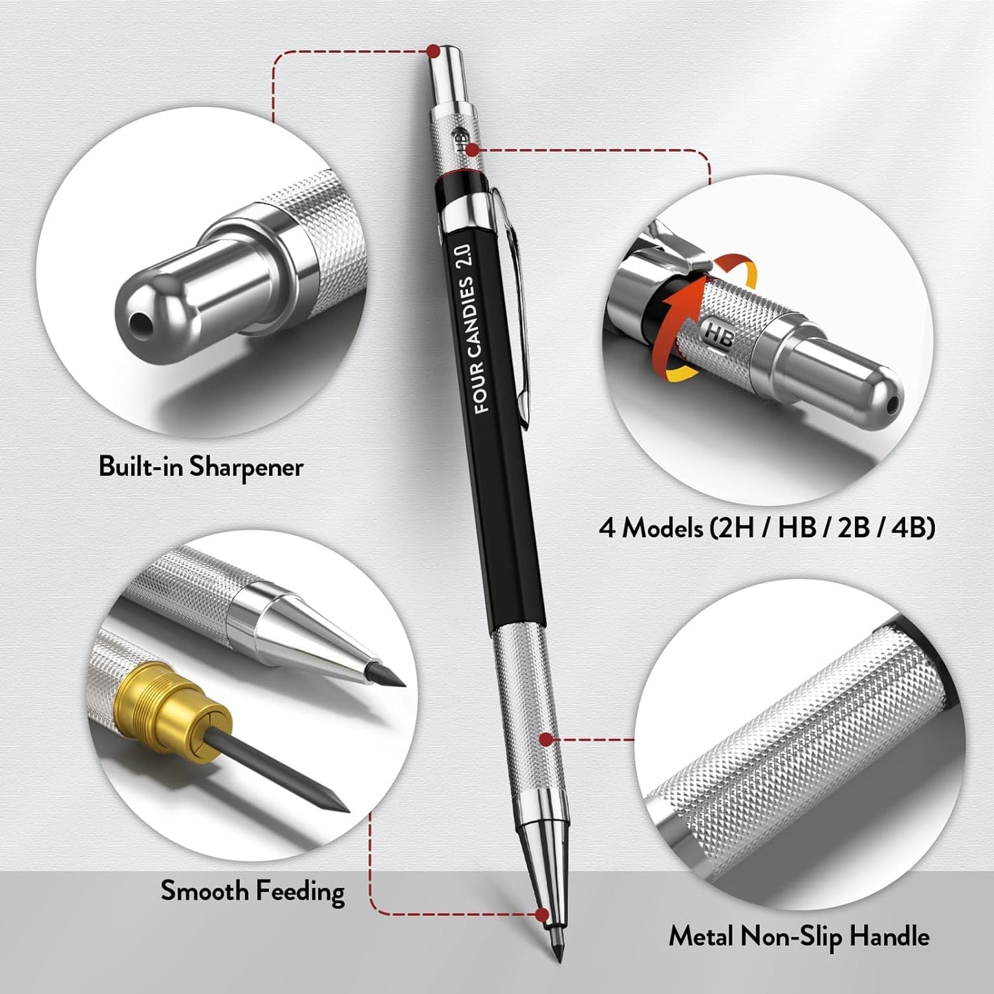 2MM Mechanical Pencil Set with Case, Artist Lead Pencil Metal Lead Holder with 60PCS Graphite Led Refill (HB, 2H, 2B, 4B, Color) Kneaded Eraser, Sharpener for Writing, Drawing, Sketching