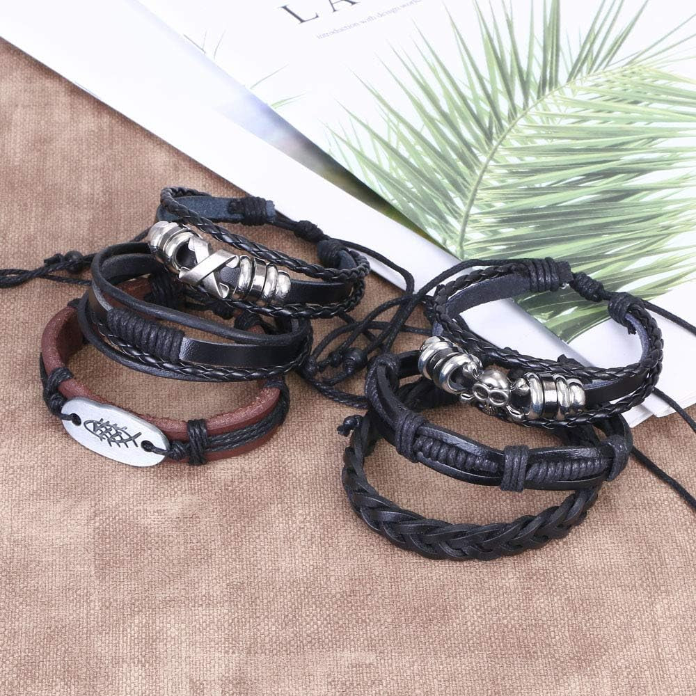 Leather Bracelet, 6Pcs Adjustable Fashion Punk Braided Men & Women Rope Bracelet Cuff Vintage Bracelets Wrap Set Series