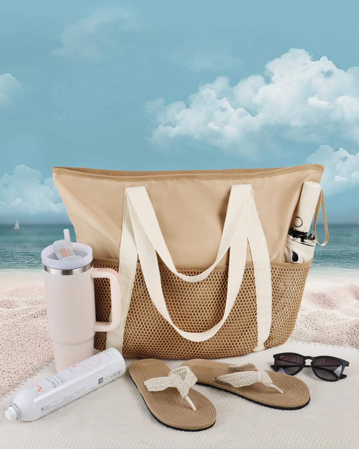 Beach Tote Bag for Women with Zip and Pockets Large Waterproof Mesh Holiday Handbag for Travel Swimming Pool Shopping Gym