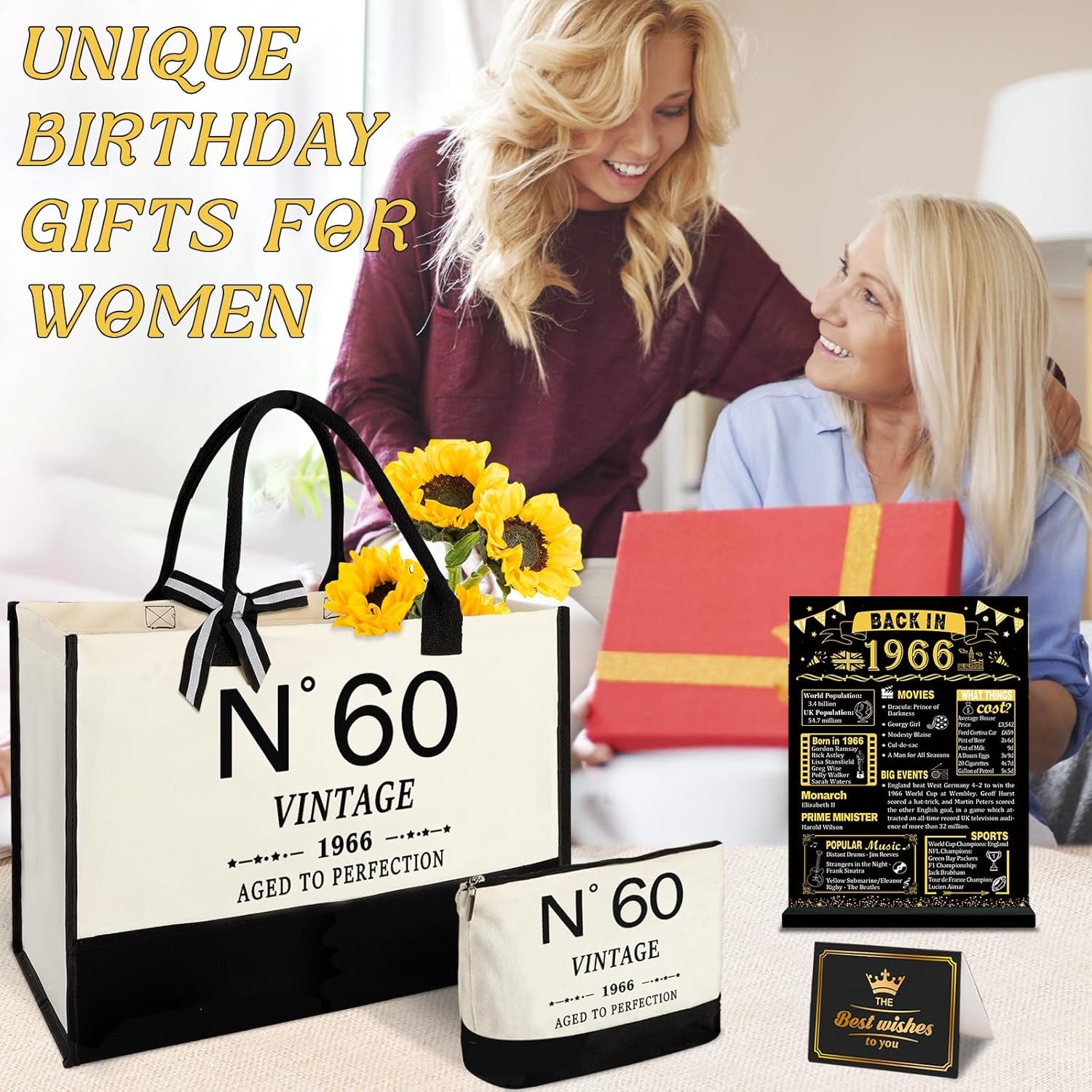 60Th Birthday Gifts for Women Canvas Tote Bag Travel Gear, Unique 60 Years Old Gifts for Wife Sister Mum Aunt Friends Her, Vintage N°60 Handbag & Cosmetic Bag & Back in 1966 Poster