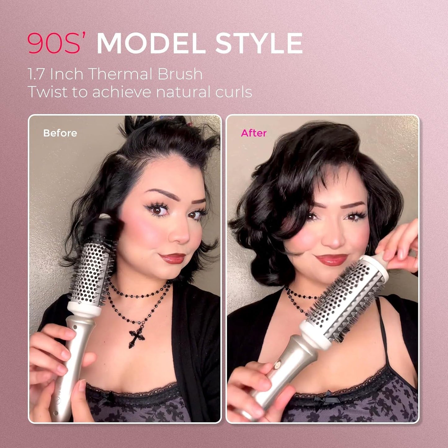 STYLUX Thermal Brush - Heated round Curling Brush, Blowout Volumizer with Flexi-Fit Tech for Hair Styling, Curling Styler Tool, Hair Straightener and Curler 2 in 1, Dual Voltage, Gold, 1.7 Inch