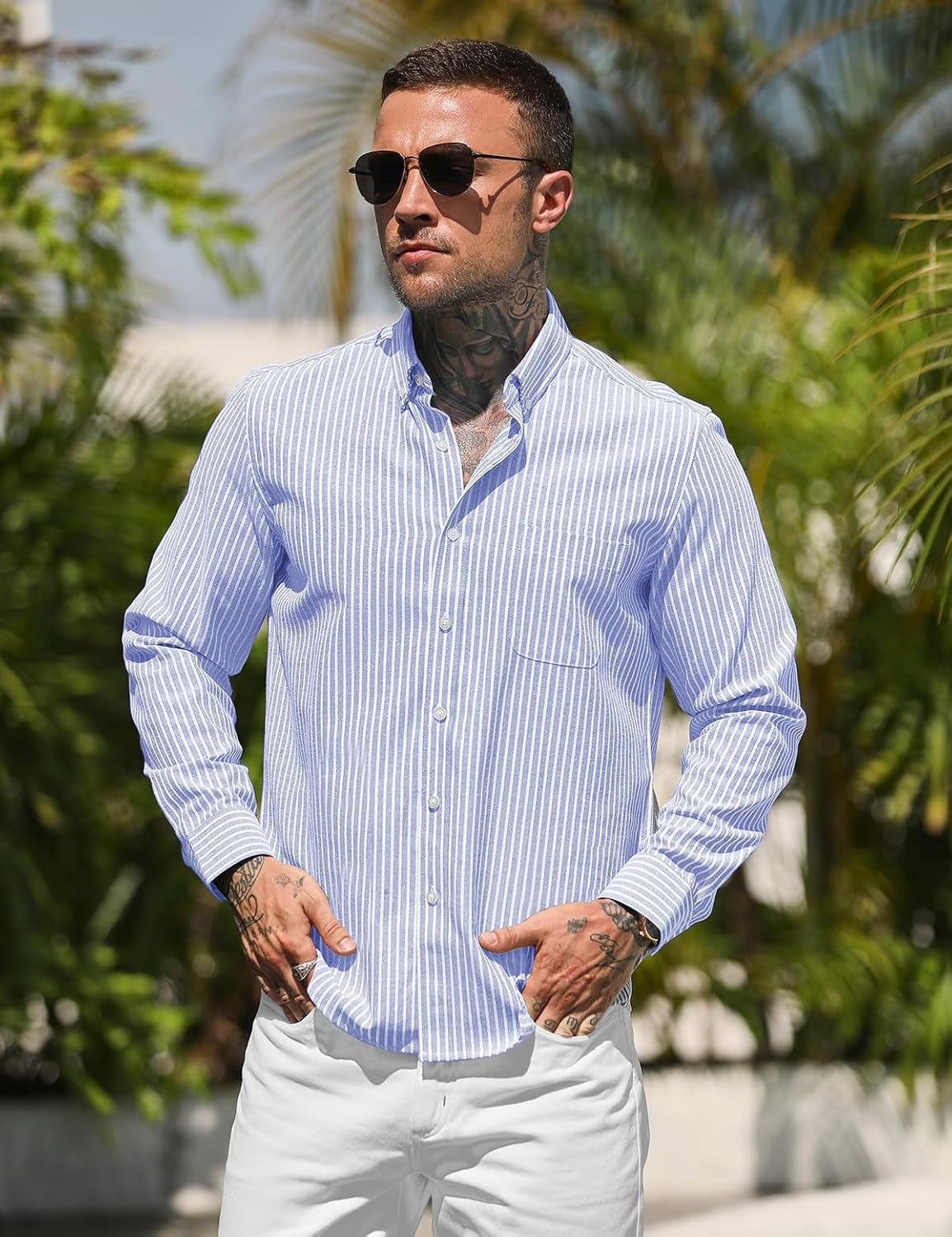 Men'S Long Sleeve Oxford Shirts Casual Business Classic Striped Shirt 100% Cotton Non Iron Button down Shirt with Pocket