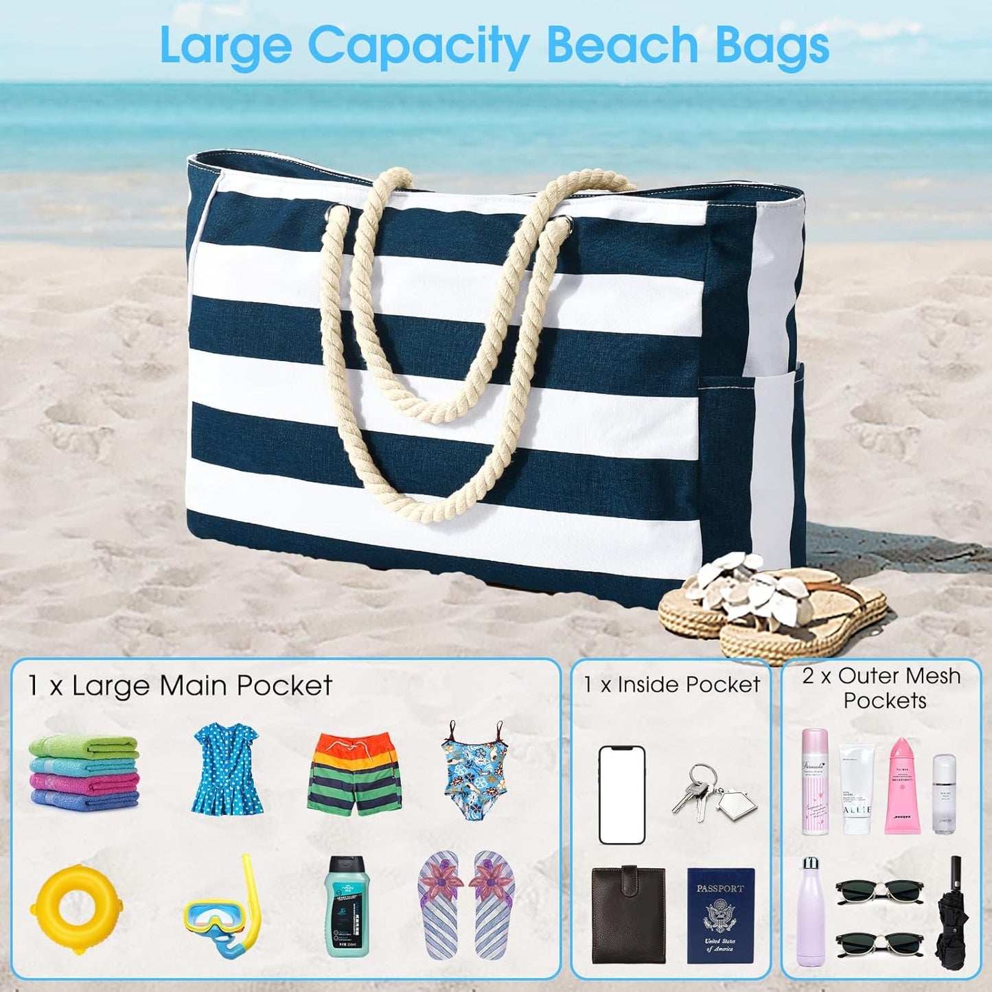 Beach Bag Large Waterproof Beach Tote Bags with Zip and Rope Handle Summer Holiday Essentials Shoulder Handbags for Travel Shopping Pool Gym Picnic