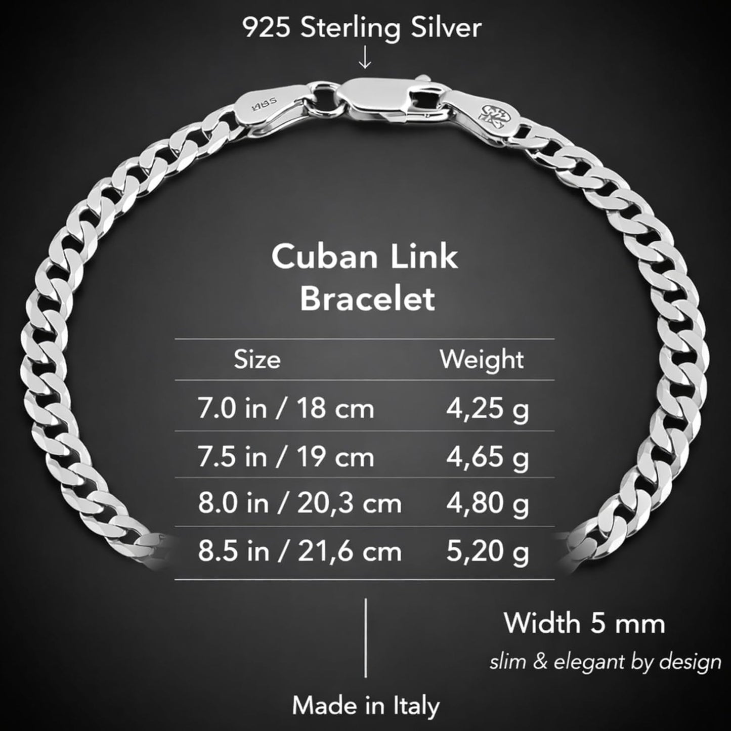 Cuban Link Bracelet for Men 925 Sterling Silver Diamond-Cut 5Mm - 7 to 8.5 Inches - Handmade in Italy - Gift Box Included