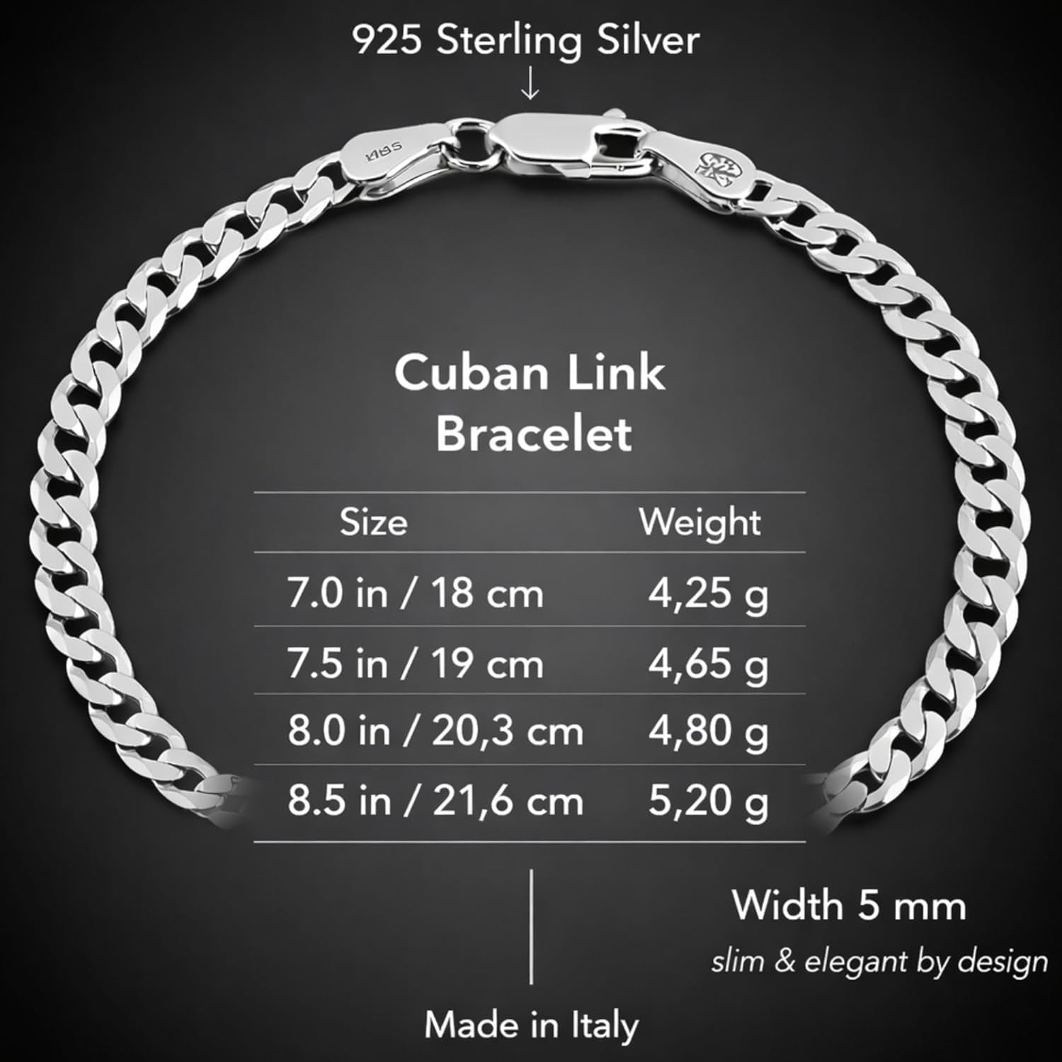 Cuban Link Bracelet for Men 925 Sterling Silver Diamond-Cut 5Mm - 7 to 8.5 Inches - Handmade in Italy - Gift Box Included