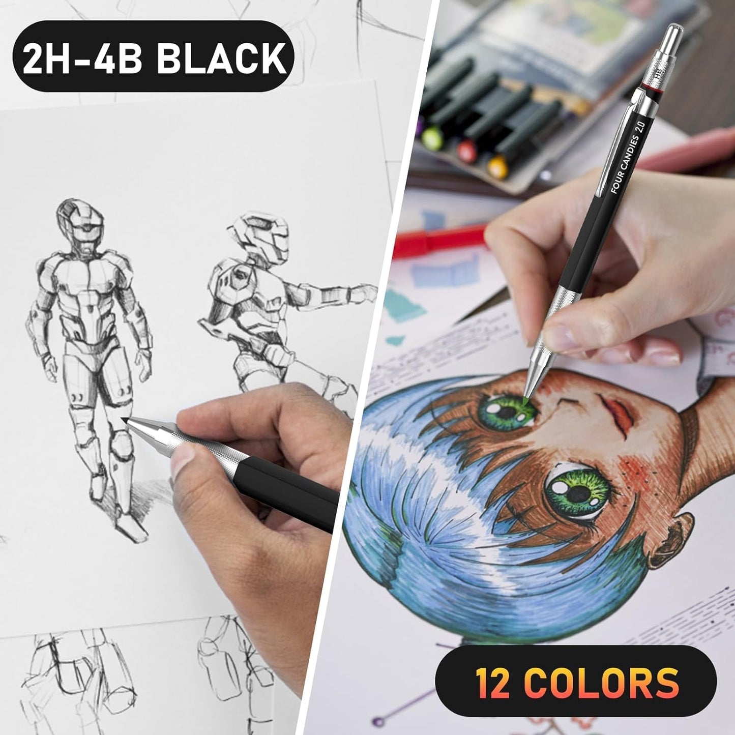 2MM Mechanical Pencil Set with Case, Artist Lead Pencil Metal Lead Holder with 60PCS Graphite Led Refill (HB, 2H, 2B, 4B, Color) Kneaded Eraser, Sharpener for Writing, Drawing, Sketching