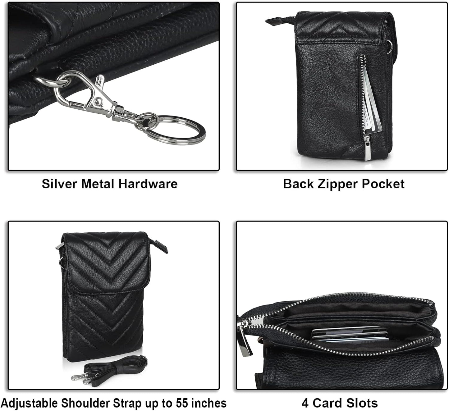 Genuine Leather Phone Bag, Real Leather Phone Purse - Small Cross Body Bag for Women with Long Strap and Key Ring - Fit 8 plus or Less 6.5 Inch