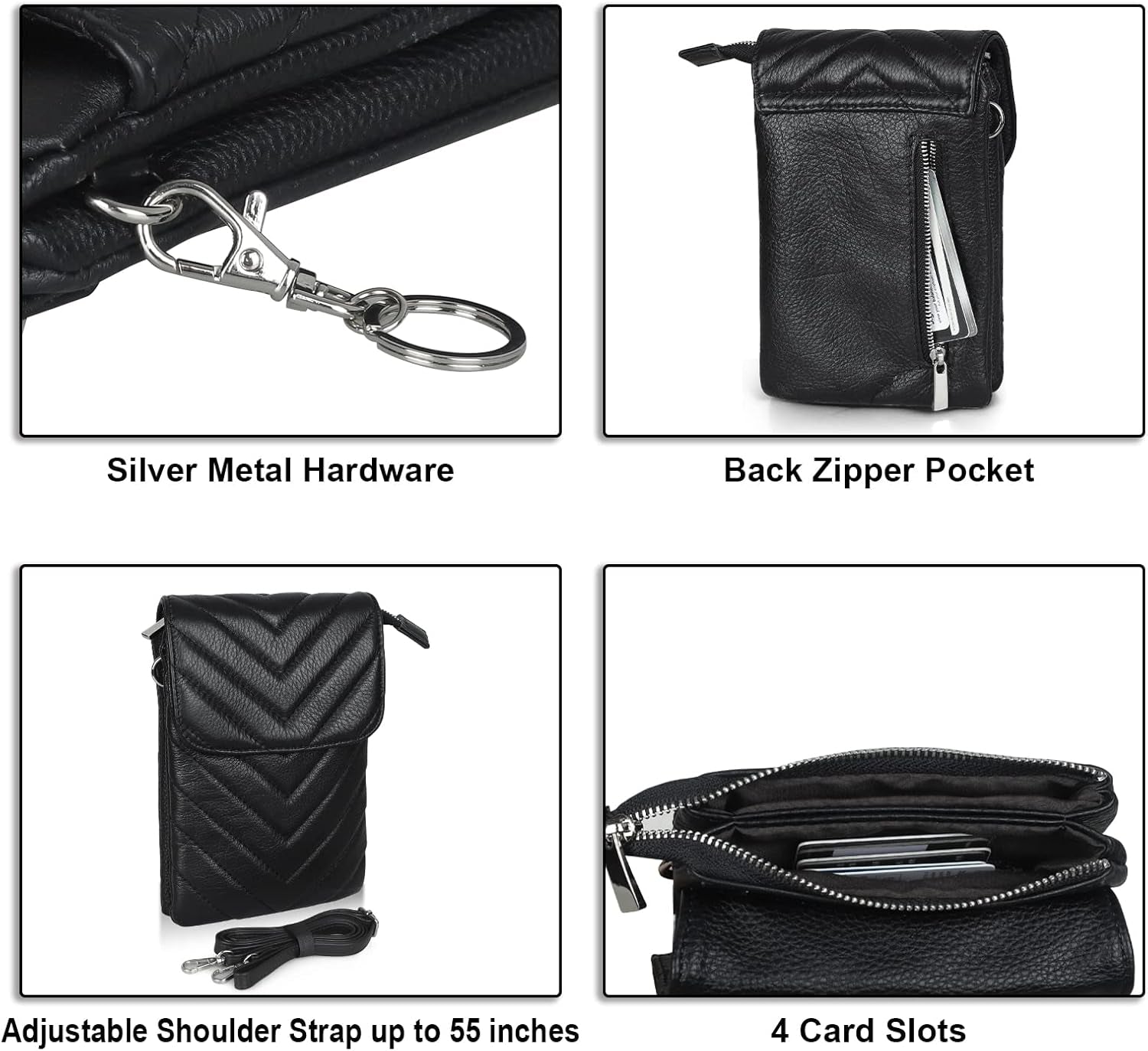 Genuine Leather Phone Bag, Real Leather Phone Purse - Small Cross Body Bag for Women with Long Strap and Key Ring - Fit 8 plus or Less 6.5 Inch