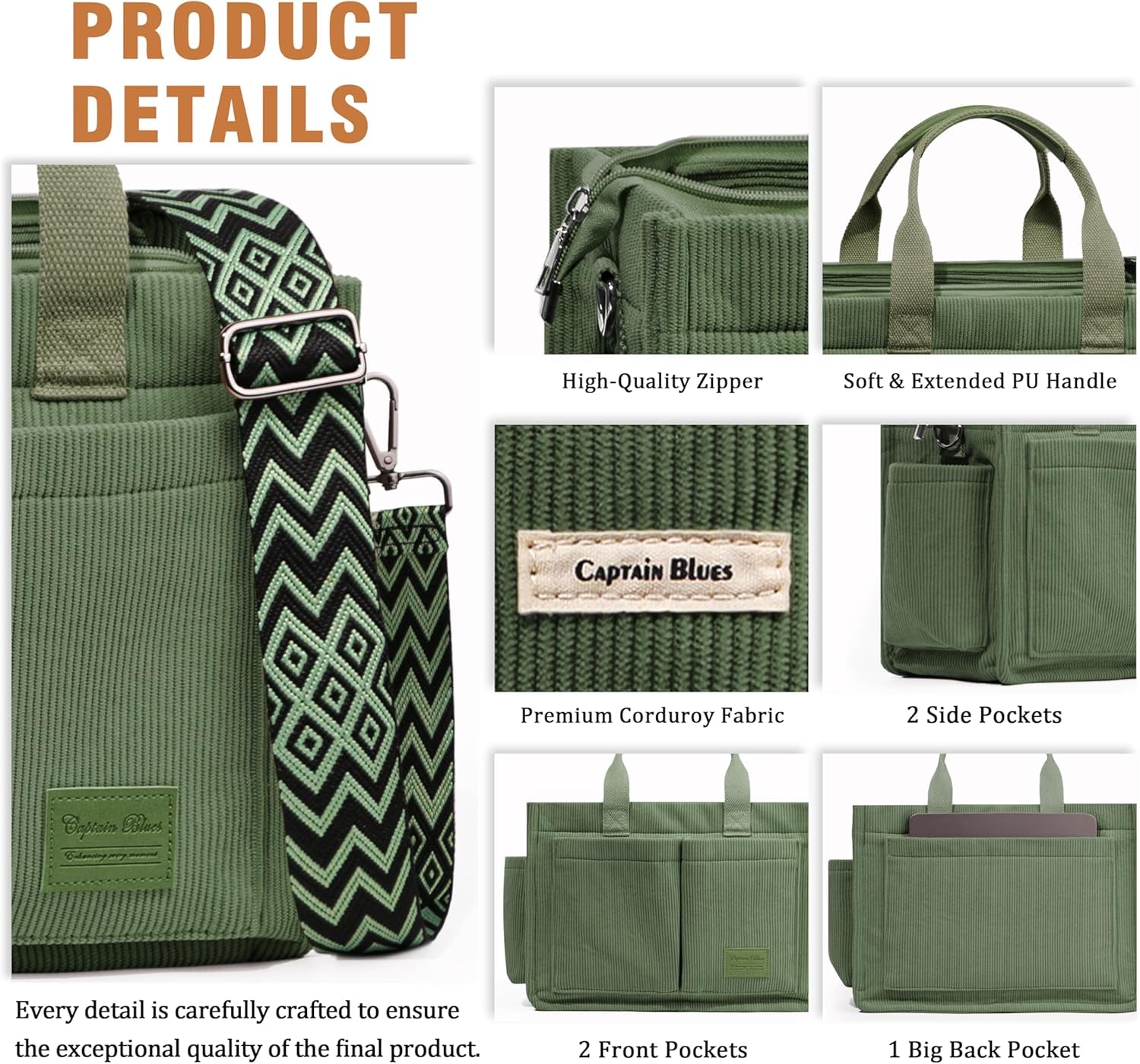 Corduroy Tote Bags for Women with Zipper, Large Capacity Work Bags Shoulder for School, Travel, College, Teacher with Adjustable Strap & Pockets