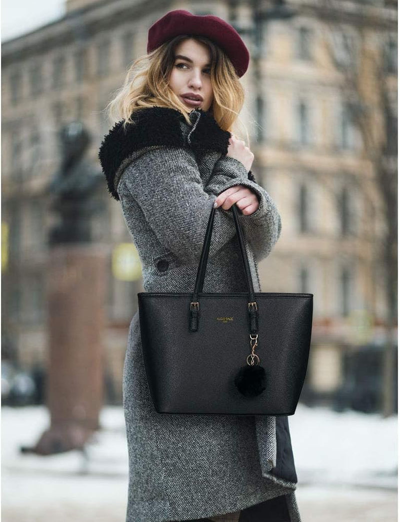 Women Handbag Tote Bag, 15.6 Inch PU Leather Shoulder Bag Laptop Bags with Adjustable Handle, Lightweight Stylish Designer Large Black Handbags for School Work Travel
